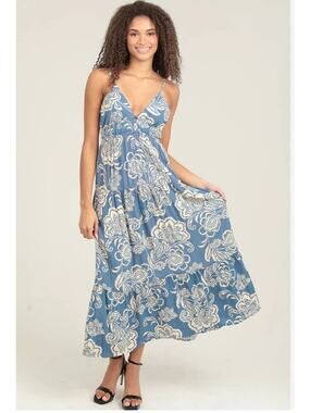 Angie‎ Blue Floral Boho Midi Dress Rayon Cottagecore Sundress Size Small